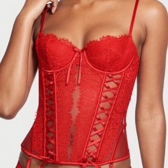 Victoria’s Secret red lace wicked unlined lace up corset lingerie top - Picture 1 of 4